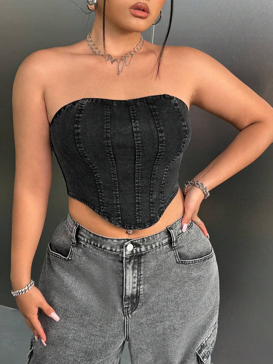 SHEIN ICON Áo corset denim co giãn màu đen Y2k dành cho nữ, dáng ôm vừa vặn, cỡ lớn, dành cho mùa hè - Đồng - Xem 1