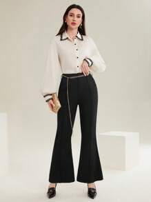 Modelyn Flared Suit Pants With Slanted Pockets And Waist Chain - Black - View 5