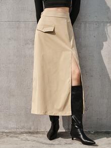BizChic 女用翻蓋裝飾高開叉半身裙 - 卡其色 - 查看 5