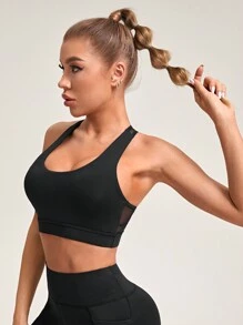 SHEIN Yoga Sxy Mesh Contrast Sports Bra - Black - View 3