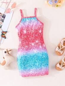 SHEIN Little Girls' Unicorn Printed Glitter Effect Sleeveless Dress - Multicolor - View 2