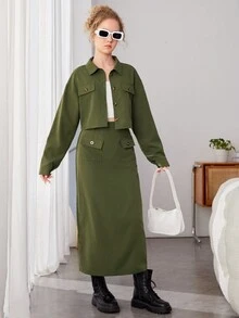 Cô gái Giải trí Trang phục trên phố Phong cách Cargo Áo sơ mi & Bộ váy - xanh quân đội - Xem 3