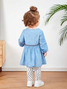 SHEIN Infant Girls' Casual Denim Effect Long Sleeve Dress And Heart Print Pants Set - Blue - View 2