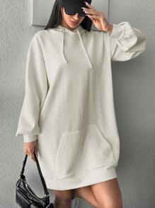 EURMUSE Kangaroo Pocket Drop Shoulder Drawstring Hooded Sweatshirt Dress - White - View 1