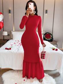 SHEIN Slayr Long Sleeve Mermaid Hemline Dress - Red - View 5