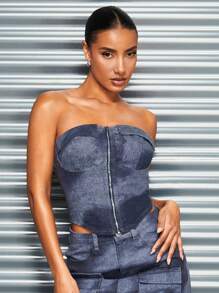 SHEIN BAE Women'S Zip Front Denim Bustier Top - Multicolor - View 1