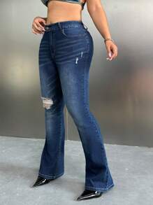 SHEIN ICON Y2k Blue Destroyed High Waisted Stretchy Flared Jeans For Plus Size Women - Blue - View 4