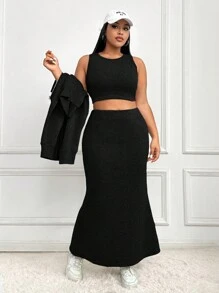 SHEIN EZwear Conjunto De Dos Piezas Para Mujer Con Sudadera Con Capucha Y Cremallera Y Falda De Cola De Pez En Talla Grande