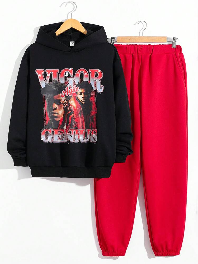 Teen Boys' Cartoon Character & Letter Printed Hoodie And Pants Set