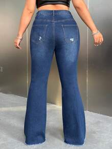 SHEIN ICON Y2K 女款蓝色弹力破洞高腰紧身喇叭牛仔裤 - 藍色 - 查看 2