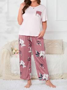 大尺碼花卉印花睡衣套裝 - 粉色 - 查看 3