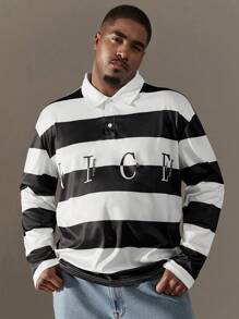 SHEIN Manfinity Homme Loose Fit Men's Plus Size Polo Shirt With Contrast Stripes And Letter Print