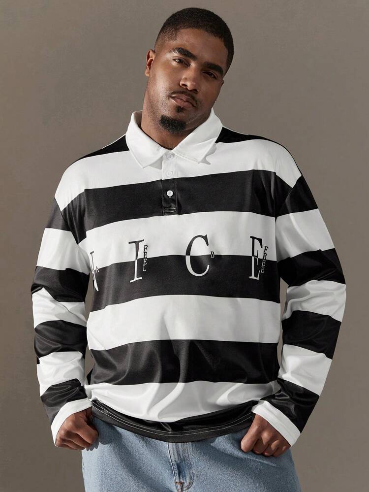 Loose Fit Men's Plus Size Polo Shirt With Contrast Stripes And Letter Print