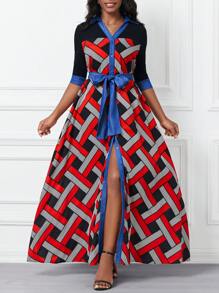 SHEIN Lady 女士幾何圖案印花腰帶襯衫裙 - 彩色 - 查看 2