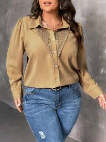 Flirla Camisa De Manga Larga Con Dobladillo Acampanado Para Tallas Grandes