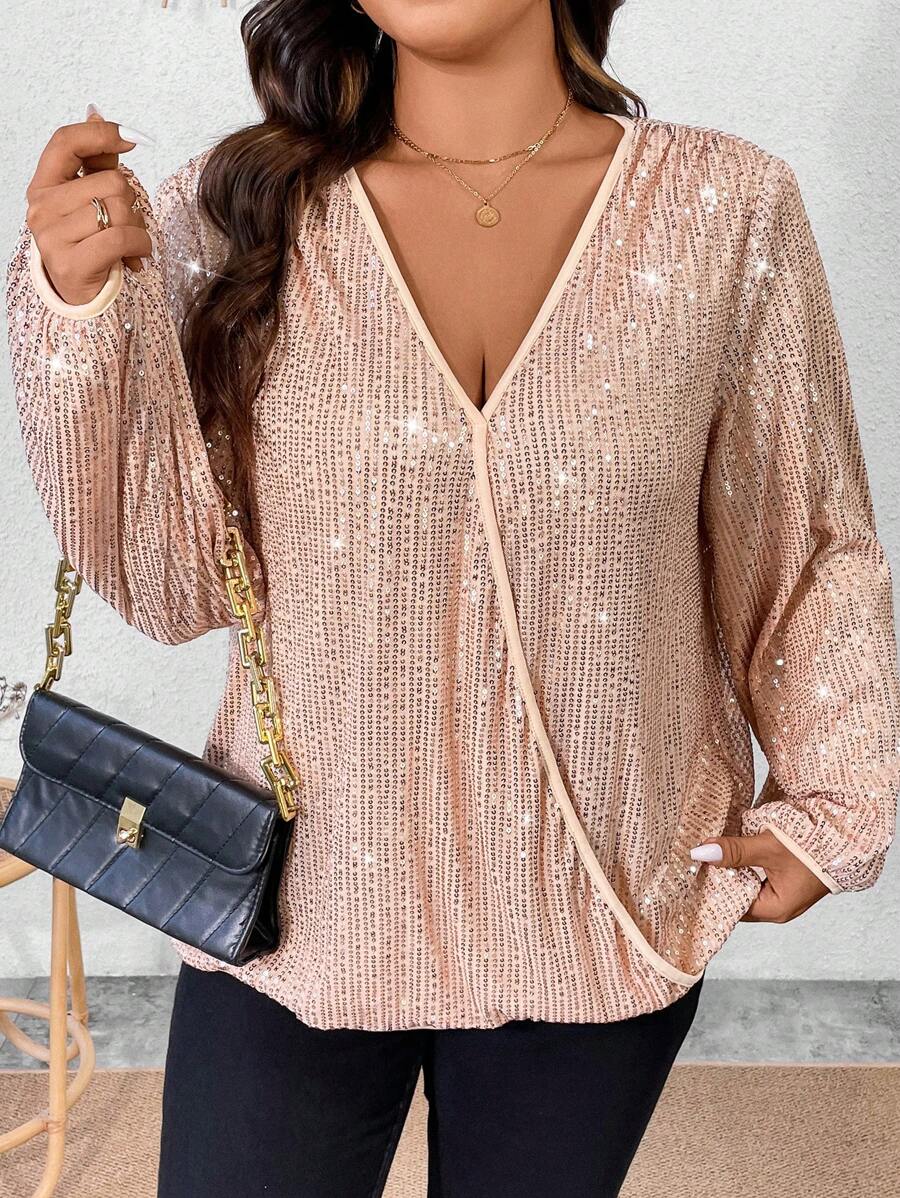 Celure Kích thước lớn Cổ chữ V Tay áo dài Kim sa Áo sơ mi - Màu be - Xem 1