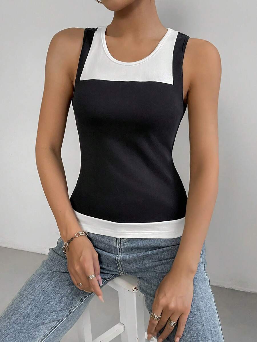 SHEIN Essnce Women'S Colorblock Tank Top - Black and White - View 1