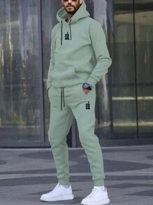 SHEIN Manfinity Homme Men's Letter Print Hooded Sweatshirt With Pocket And Sweatpants Set, Men Mint Green Outfit, Men Two Pieces Sweatsuit, Men Hoodie Set, Fall Clothes - Mint Green - View 1