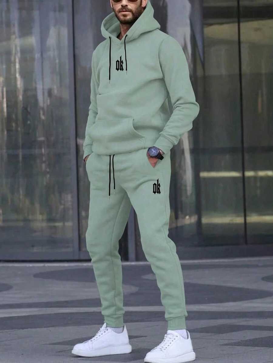 SHEIN Manfinity Homme Men's Letter Print Hooded Sweatshirt With Pocket And Sweatpants Set, Men Mint Green Outfit, Men Two Pieces Sweatsuit, Men Hoodie Set, Fall Clothes - Mint Green - View 1