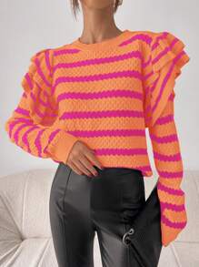 SHEIN Essnce 女士條紋毛衣,配褶邊下擺,套頭款 - 彩色 - 查看 5