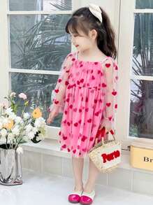 SHEIN Young Girl Long Sleeve Mesh Heart Patterned Dress - Pink - View 4