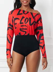 SHEIN Lady Damen Langarm Bodysuit mit asymmetrischem Kragen und Buchstaben Muster
