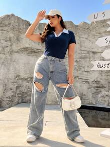 SHEIN EZwear Plus Size Color Block Crop T-Shirt With Contrast Collar, Summer