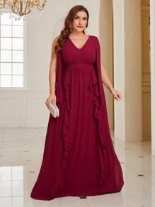 SHEIN Belle 大尺碼荷葉邊v領伴娘禮服 - 酒紅色 - 查看 2