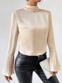 SHEIN Privé Elegant Pleated Loose Fit Blouse With Bell Sleeves - Apricot - View 4