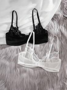 SHEIN Conjunto de sujetador y ropa interior de encaje de contraste para mujeres (juego de 2 piezas)