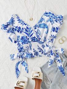 Trelyra 女士花卉印花收縮腰寬鬆襯衫 - 白色 - 查看 3