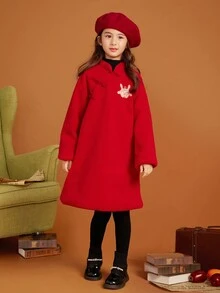 Tween Girls' Fashionable Graffiti Embroidery Sherpa Lined Qipao Dress With Buttons, Autumn Style