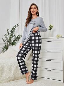 女性簡約多用字母印花上衣＆格紋長褲家居套裝 - 灰色 - 查看 5