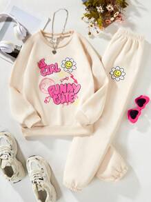 SHEIN Cô gái Tween Hoạt hình In thư Lông cừu Áo nỉ Và Quần thể thao Bộ - Màu be - Xem 4