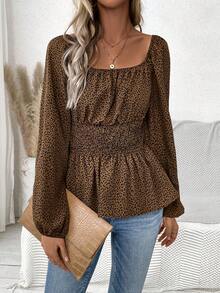 SHEIN LUNE 女士豹紋圓環袖腰帶包裹襯衫 - 咖啡棕 - 查看 6