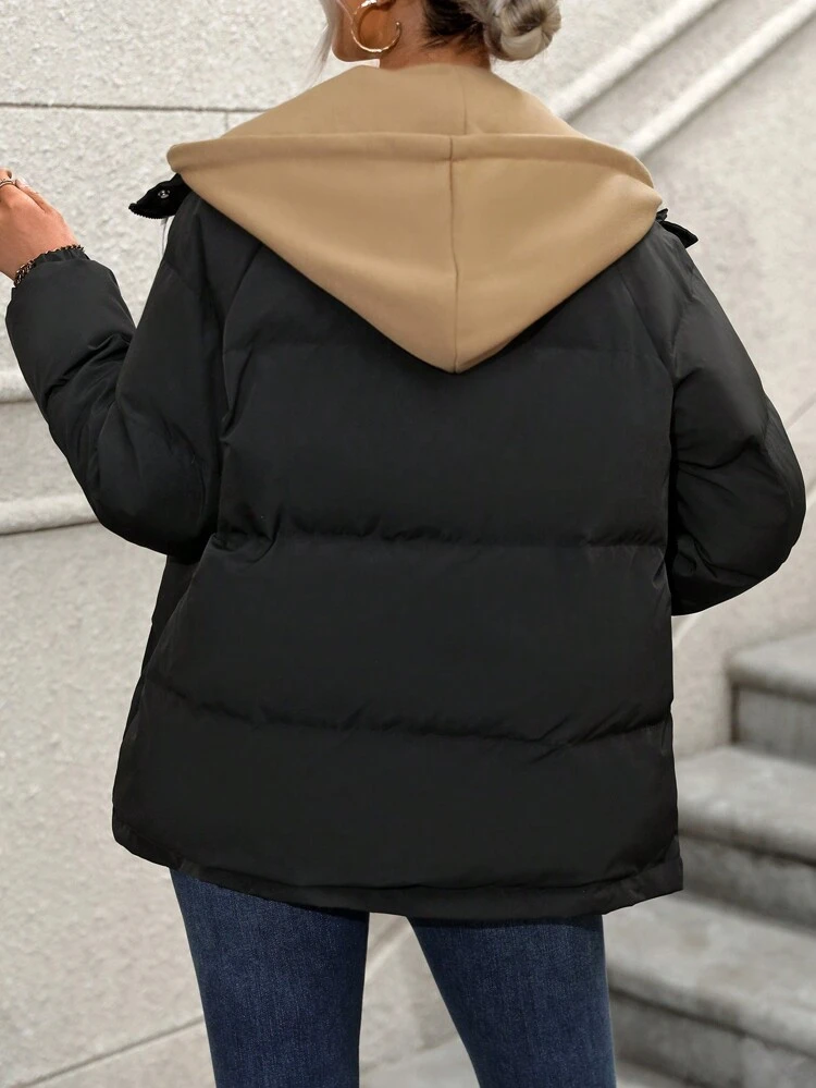 Color Blocking Drawstring Hooded Padded Padded Coat Clothes Winter Fall Cloth For Women
