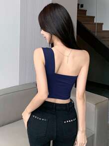 Dazy Star Hollow Out One Shoulder Crop Top Festival Summer Going Out Tops - Navy Blue - View 5