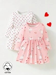 2 件裝女嬰日常休閒心形卡通印花連身裙 - 彩色 - 查看 1