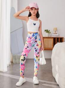 Tween 女孩運動街頭蝴蝶圖案針織緊身褲 - 粉色 - 查看 3