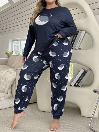 Women's Plus Size Pajama Set With Moon & Star Printed Long Sleeve Top And Pants, Fall Winter Clothes