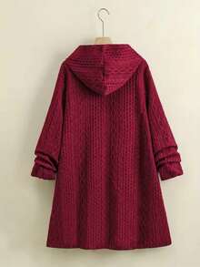 Plus Size Solid Color Hooded Coat With Button Detail - Burgundy - View 2
