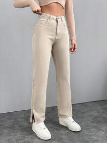EURMUSE Women's Solid Color Split Hem Straight Leg Jeans - Beige - View 7