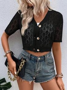 SHEIN LUNE Cardigan A Maniche Corte Con Incisioni A Maglia Vuota Per Donne