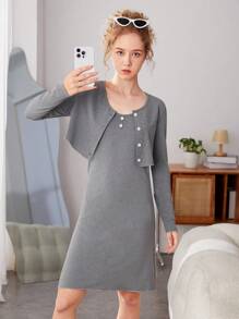 Conjunto De Vestido Y Cárdigan De Punto Corto Para Adolescentes - Gris - Ver 5