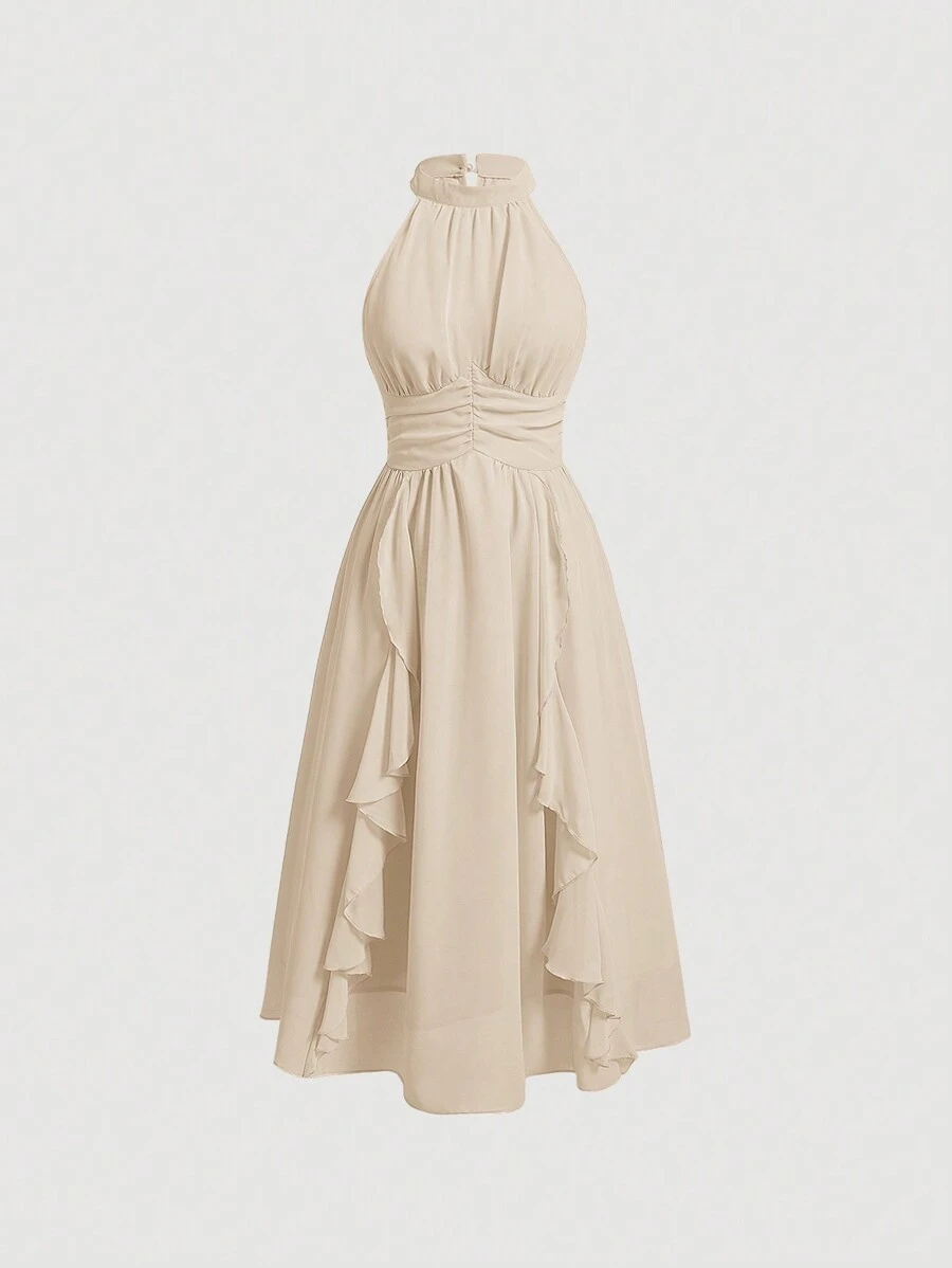 SHEIN MOD Women's Solid Color Halter Neck Ruffle Hem Dress,Pastel Dresses For Women - Apricot - View 1