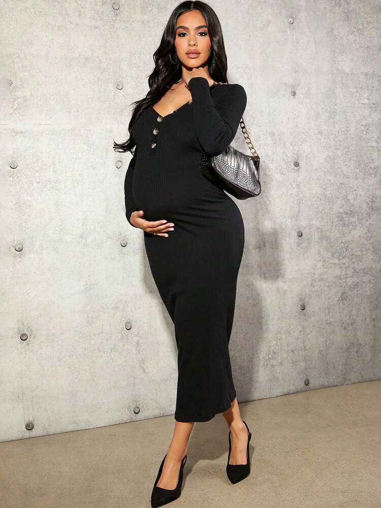 Maternity Long Sleeve Ribbed Knit Dress