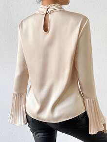 SHEIN Privé Elegant Pleated Loose Fit Blouse With Bell Sleeves - Apricot - View 2
