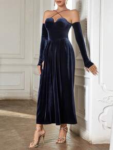 Crisscross Halter Neck Velvet Dress - Navy Blue - View 6