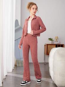 少女休閒立領拉鍊前短外套加長褲套裝 - 淺粉色 - 查看 5