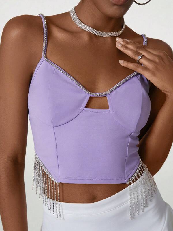 Isabelle WANG Top cu corset cu ciucuri cu stras de designer, pentru vara, vara